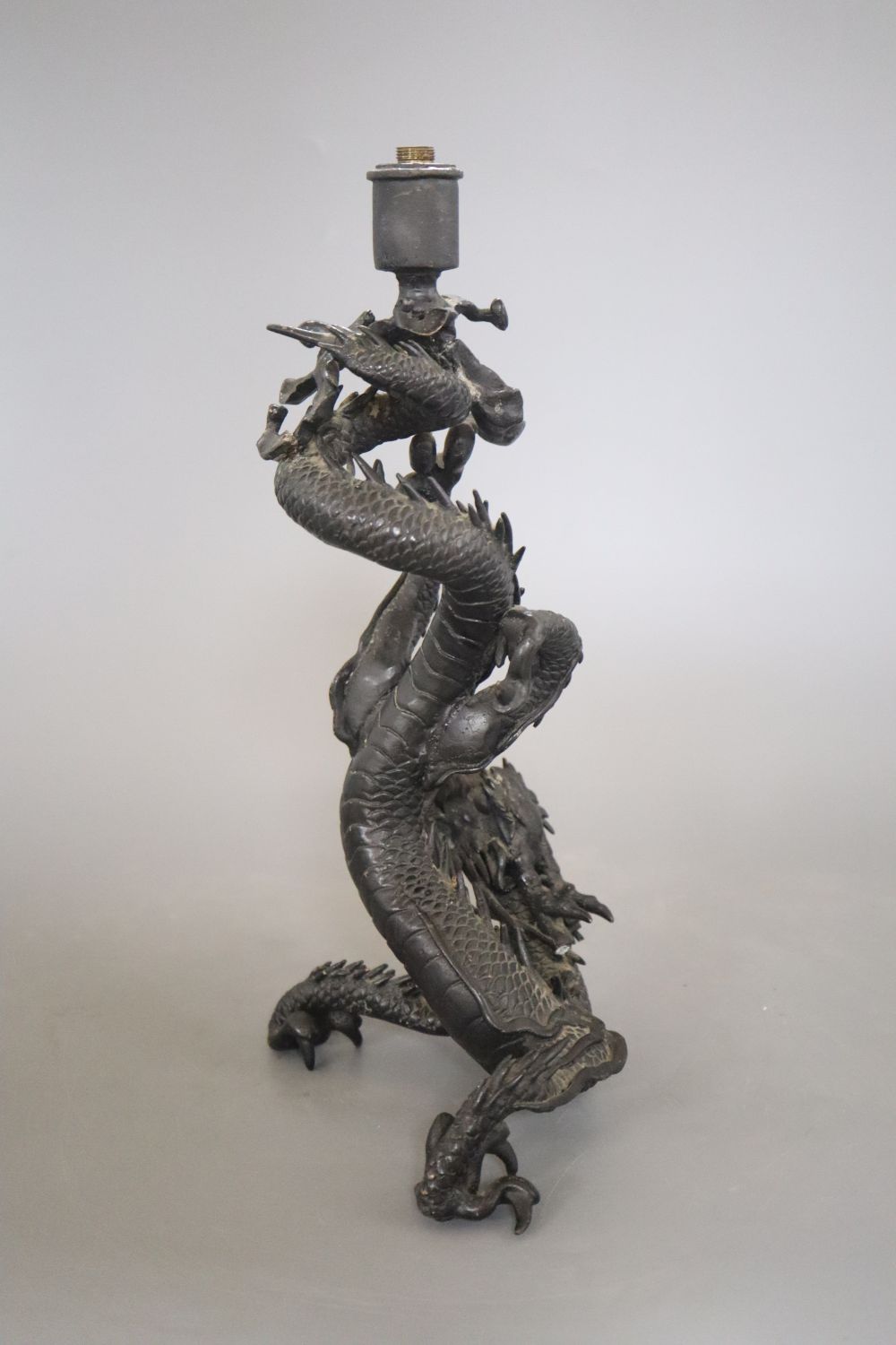 A Japanese bronze dragon figure converted to a lamp, overall height 32cm